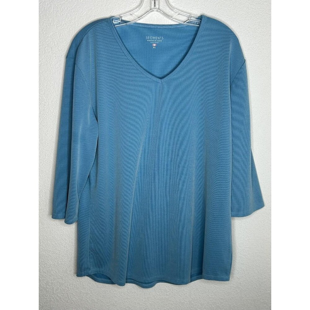 Segments Shirt Womens XL Blue Tencel Blend V Neck 3/4 Sleeve Waffle Knit Top